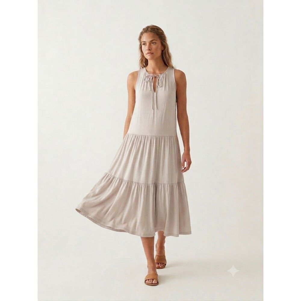 Zara NWT Beige Tiered Babydoll Midi Dress Soft Resort Wear Casual Summer Boho S
